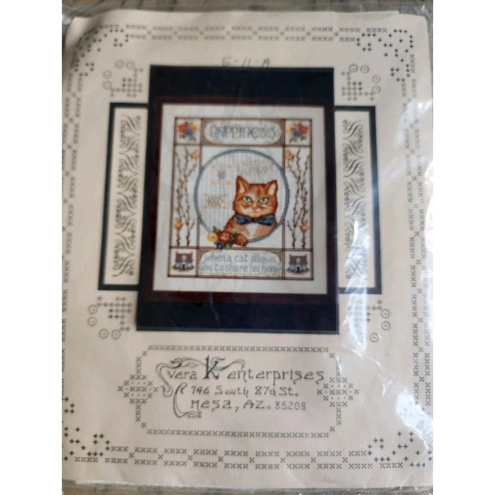 Vera K Enterprises Happiness Cat Home Cross Stitch Kit NOS New Vintage Kitty